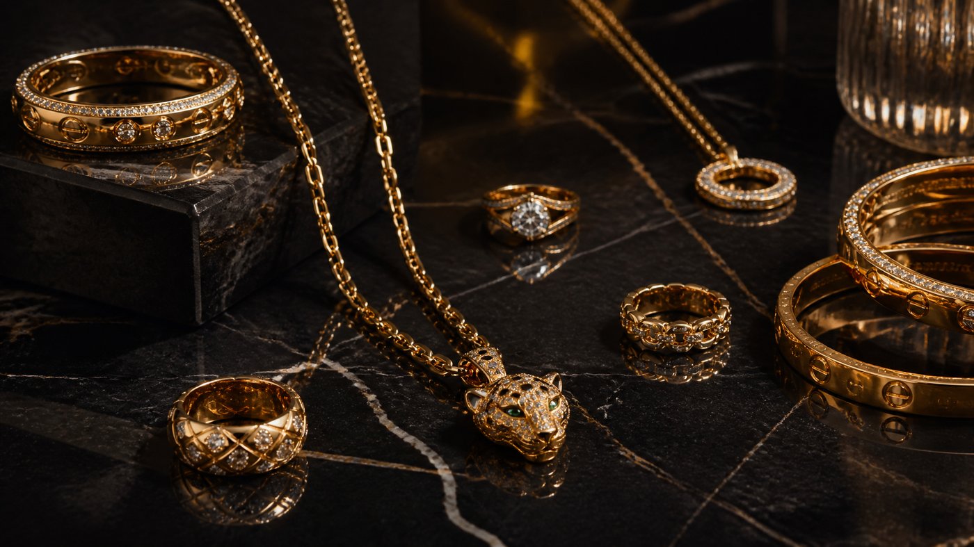 Luxury gold jewelry on dark velvet